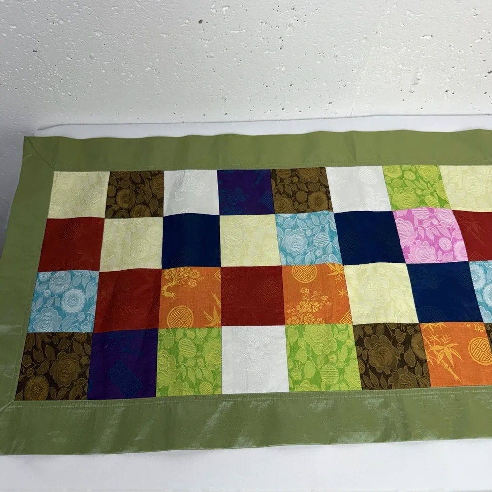 100% Silk Multi Colored Patchwork Chinese Table Cloth 16.7 x 75 Inches
